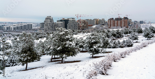 Snowy city Madrid