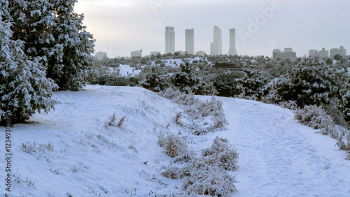 Snowy city Madrid