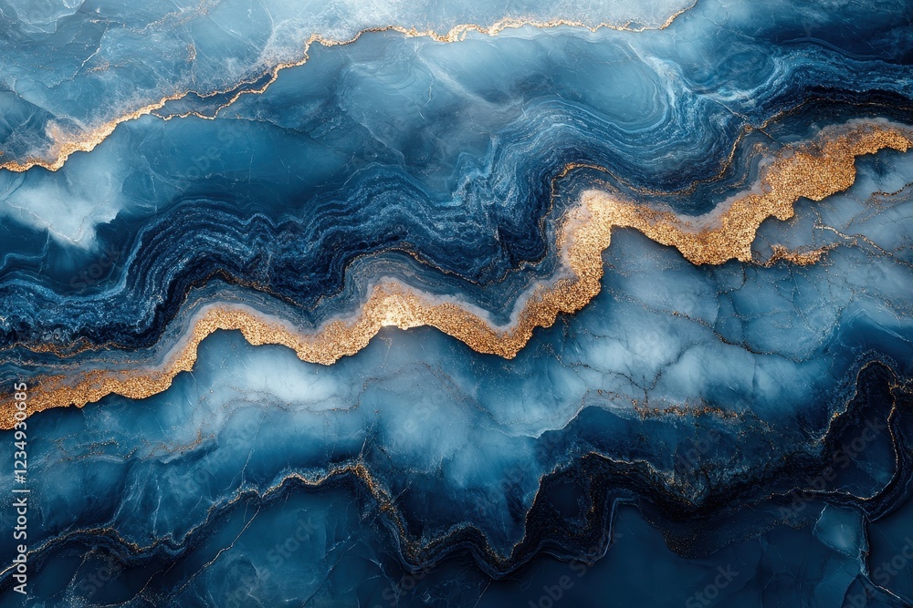 Fototapeta premium Abstract blue and gold marble texture with flowing patterns.