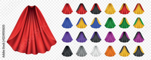 Superhero Cape Vector Set. Realistic Cape, Multiple Colors. Superhero Costume, Superhero Cosplay, Hero Design. Red, Blue, Black, Yellow. Comic, Fantasy, Game, Illustration, Clipart, Design Template