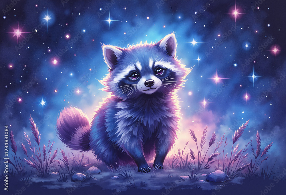 Obraz premium Raccoon with a joyful expression standing under a starry sky in a mystical landscape
