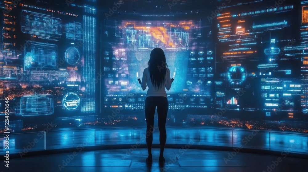 Woman Observing Futuristic Digital Interface Data Woman Observing Futuristic Digital Interface Data
