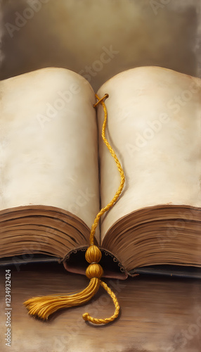 Watercolor open book with tassel earthy tones literary reading nostalgia