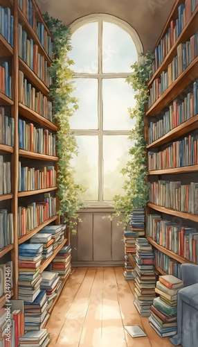 Whimsical Watercolor Bookstore Scene, Soft Pastel Colors, Peaceful Cozy Reading