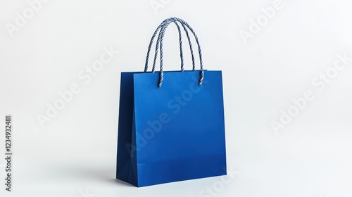 Blue paper shopping bag, file of isolated cut-out object on white background, mockup template for the design, Shopping sale delivery concept