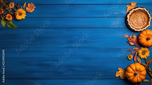 Wallpaper Mural Autumn Harvest: Festive Table Setting with Pumpkins, Flowers, and Pie on Blue Wooden Background  Torontodigital.ca
