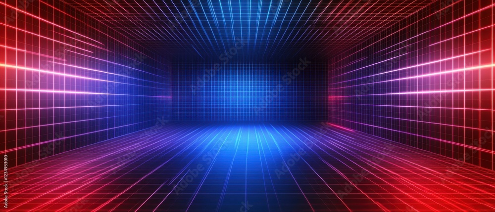 Abstract 3D rendering of a futuristic grid room with red and blue neon lights, creating a virtual space or digital background for technology and gaming concepts Abstract 3D rendering of a futuristic grid room with red and blue neon lights, creating a virtual space or digital background for technology and gaming concepts
