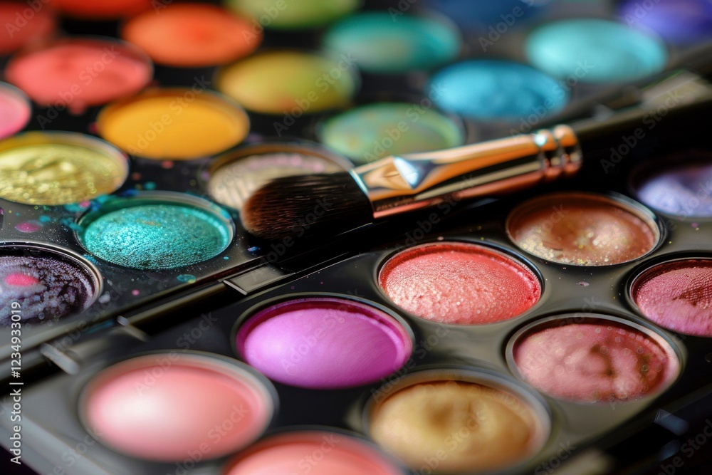 Professional makeup brush lying on a palette of vibrant, colorful eyeshadows, ready for application Professional makeup brush lying on a palette of vibrant, colorful eyeshadows, ready for application