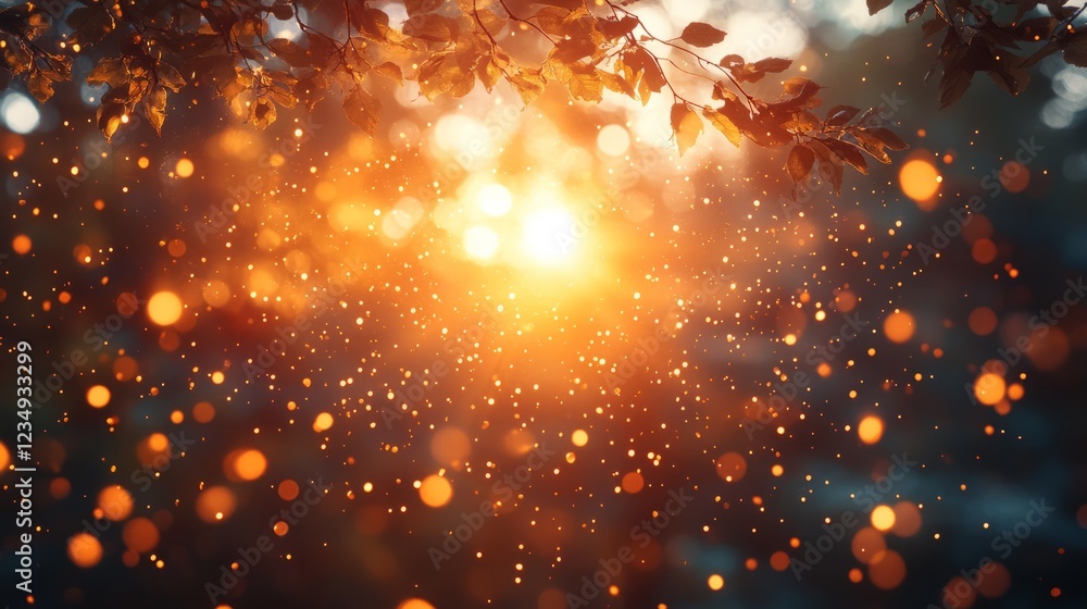Obraz premium Magical Autumn Sunset Scene With Glowing Bokeh And Leaves Overhead. Warm, Dreamy, And Peaceful.