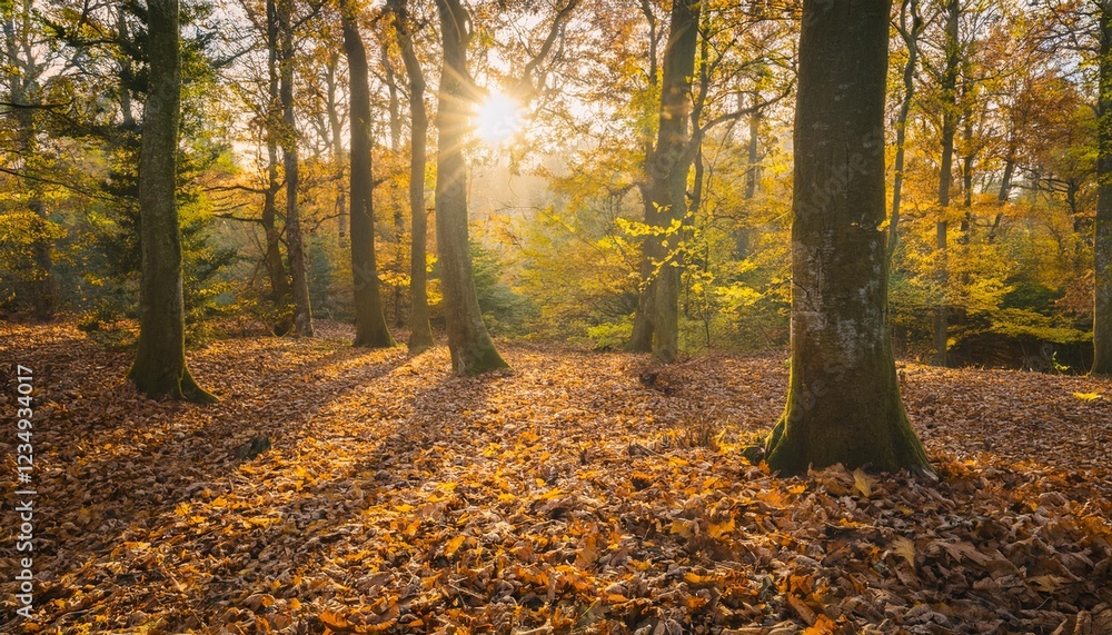 Obraz premium A golden autumn forest with fallen leaves covering the ground, bathed in warm sunlight filtering through the trees.