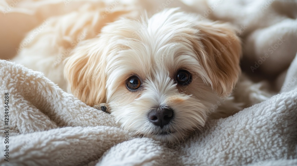 Adorable Small Fluffy Puppy Relaxing on Soft Blanket, Looking Up Adorable Small Fluffy Puppy Relaxing on Soft Blanket, Looking Up
