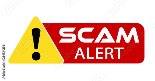 Scam alert. Yellow warning triangle sign with exclamation point and text by side on red background.