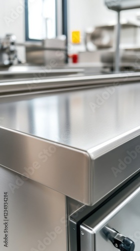 A sleek countertop made of grainless microplaned stainless steel in a modern kitchen setting. photo