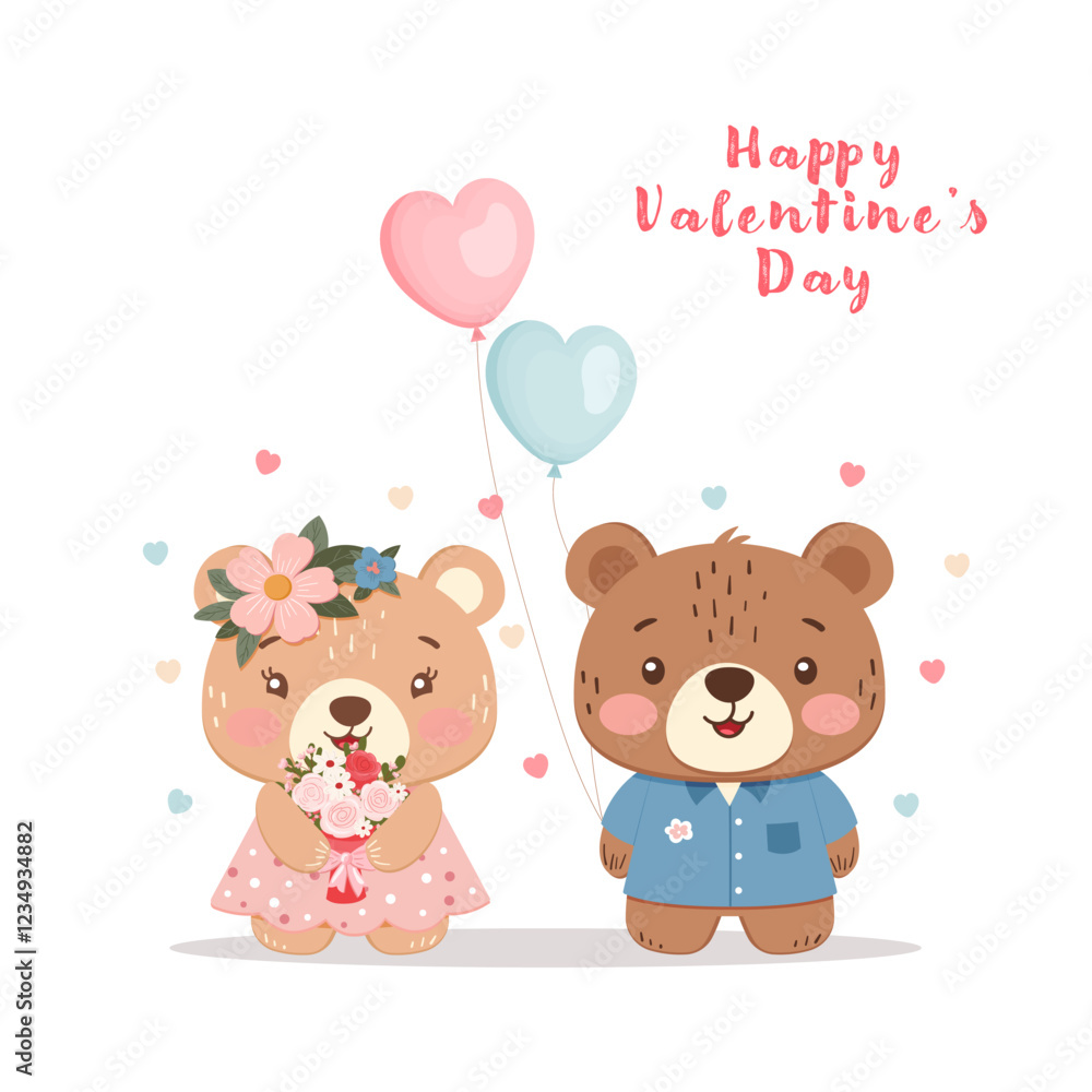 Illustration of two adorable teddy bears, one holding a bouquet of flowers and the other with heart-shaped balloons. Features pastel colors and Illustration of two adorable teddy bears, one holding a bouquet of flowers and the other with heart-shaped balloons. Features pastel colors and