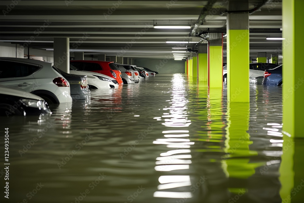 Flooded factory warehouse with workers in protective boots trying to salvage equipment submerged in water