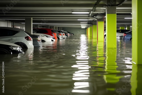 Obraz na płótnie Flooded factory warehouse with workers in protective boots trying to salvage equipment submerged in water w salonie