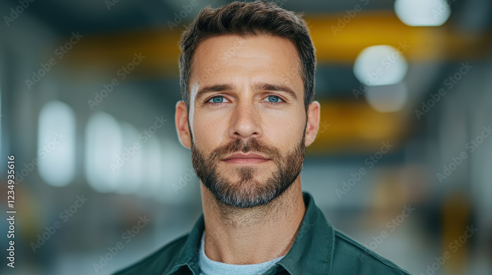 Obraz premium Confident adult Caucasian man with beard in industrial setting