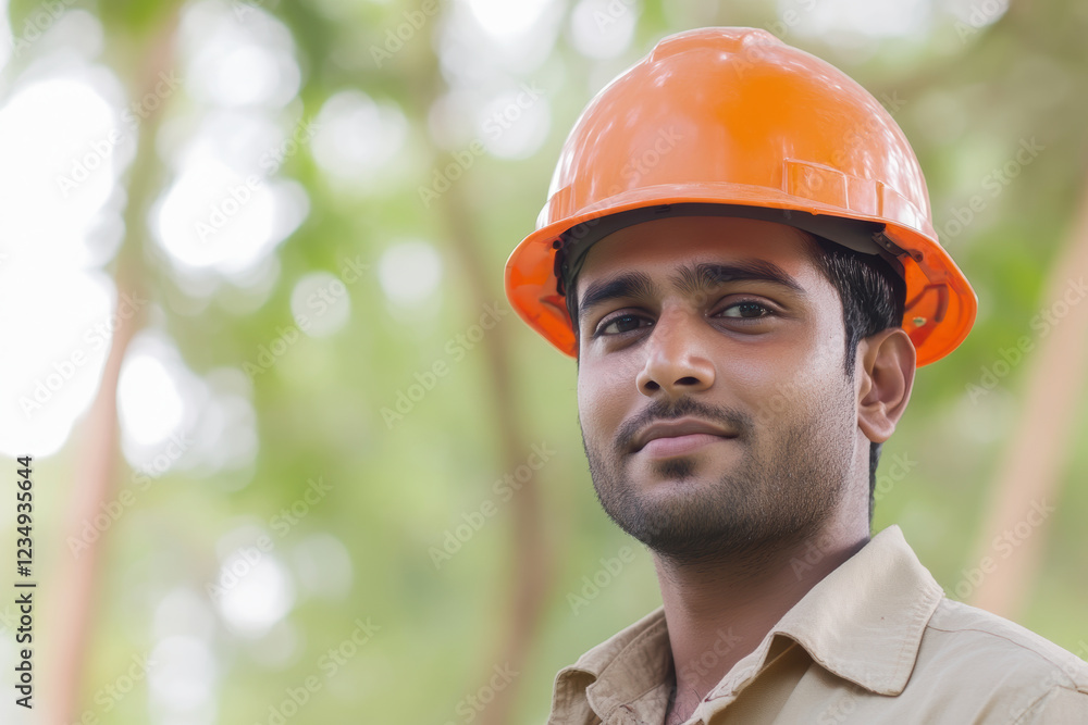 Young indian man wearing orange hard hat in outdoor construction site Young indian man wearing orange hard hat in outdoor construction site