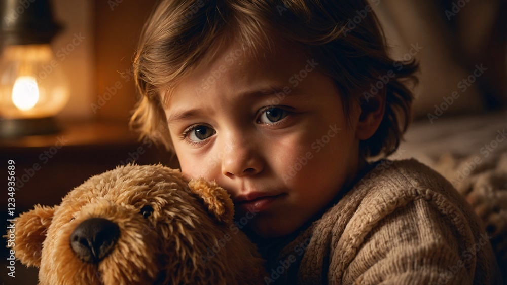 Tender moments of a young child holding a plush bear, silently expressing emotions in a cozy, softly lit room Tender moments of a young child holding a plush bear, silently expressing emotions in a cozy, softly lit room