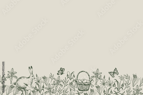 Vector Easter banner with chicken nest, eggs, bunny and flowers on field in engraved vintage style. Hand drawn Paschal festive spring background with blooming meadow for text. Christian border 