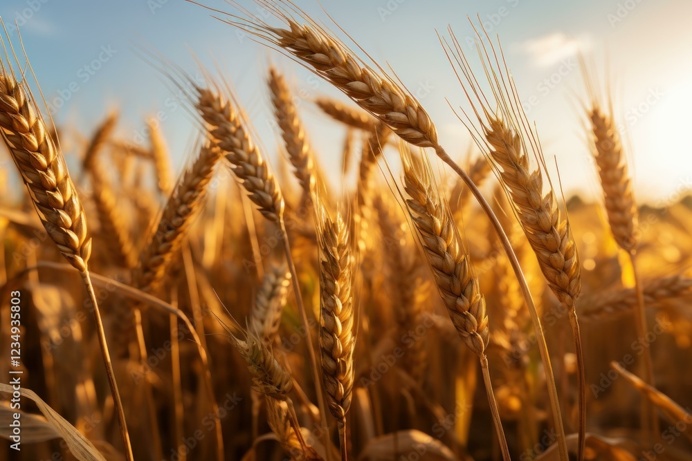 Fototapeta premium Ripe wheat stalks bathed in golden sunlight create a picturesque scene of agricultural abundance