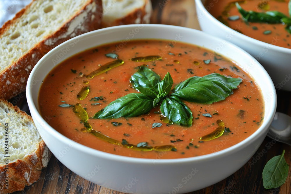 Creamy tomato soup garnished with basil and served with crusty bread on a rustic wooden table Creamy tomato soup garnished with basil and served with crusty bread on a rustic wooden table