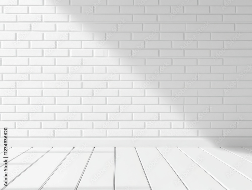 A minimalistic abstract scene featuring a light grey brick wall and a white wooden floor, lit with soft shadows creating a calm and serene atmosphere. A minimalistic abstract scene featuring a light grey brick wall and a white wooden floor, lit with soft shadows creating a calm and serene atmosphere.