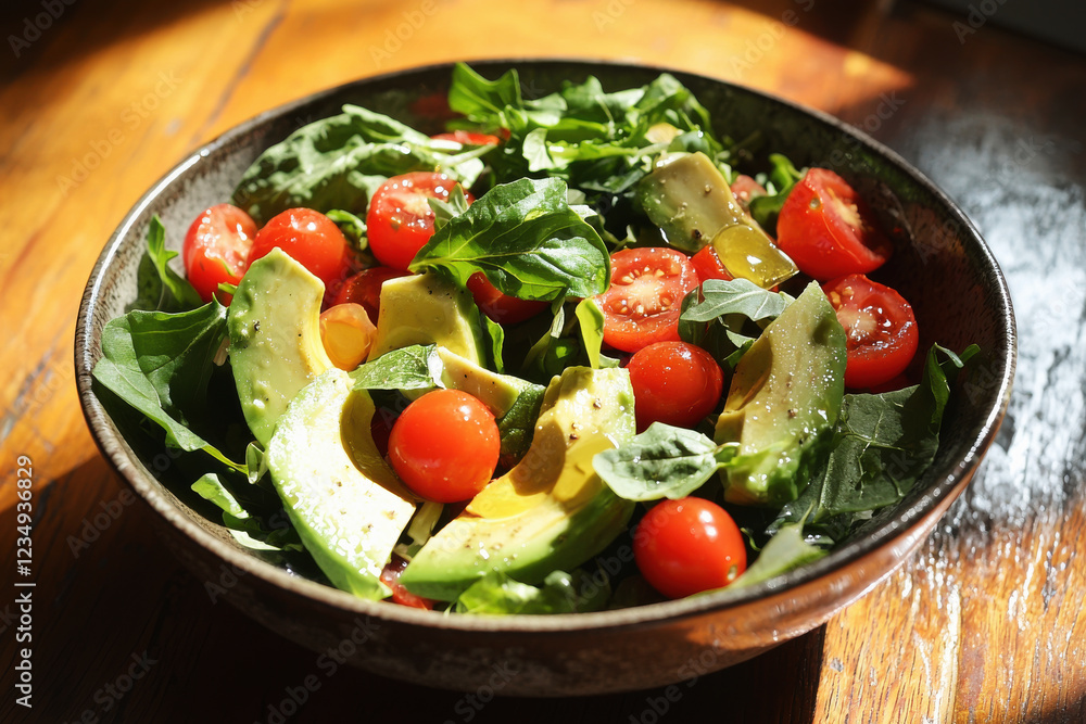 Fresh salad with avocado and cherry tomatoes on a rustic table bathed in soft sunlight Fresh salad with avocado and cherry tomatoes on a rustic table bathed in soft sunlight