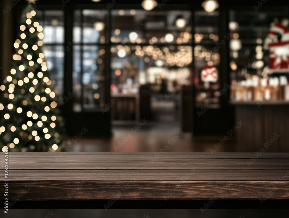 A cozy, blurred Christmas setting with a wooden table in the foreground and a decorated tree with warm lights in the background. A cozy, blurred Christmas setting with a wooden table in the foreground and a decorated tree with warm lights in the background.