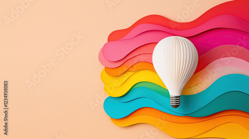 white light bulb rests colorful, wavy paper layers, symbolizing creativity and innovation. vibrant background features shades of red, pink, orange, yellow, and blue, enhancing imaginative theme