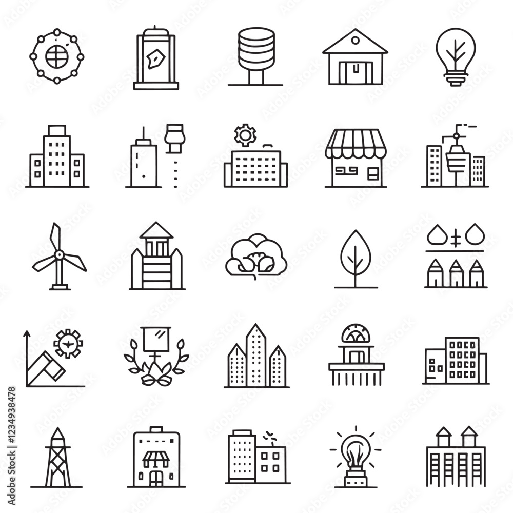 Eco Urbanism Line Icons Set - Editable Stroke Vector Illustrations Eco Urbanism Line Icons Set - Editable Stroke Vector Illustrations