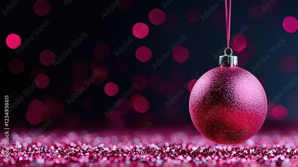 Fototapeta premium Pink Christmas Ornament Hanging, Festive Sparkle Background