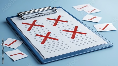 Checklist with Multiple Red Cross Marks on Clipboard