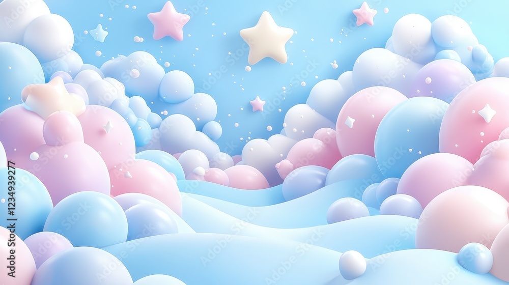 Pastel Dreamscape: 3D Render of Fluffy Clouds and Stars Pastel Dreamscape: 3D Render of Fluffy Clouds and Stars