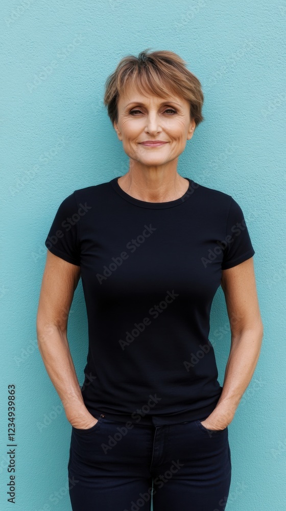 A smiling middle-aged woman stands confidently against a teal background, exuding warmth and positivity. A smiling middle-aged woman stands confidently against a teal background, exuding warmth and positivity.