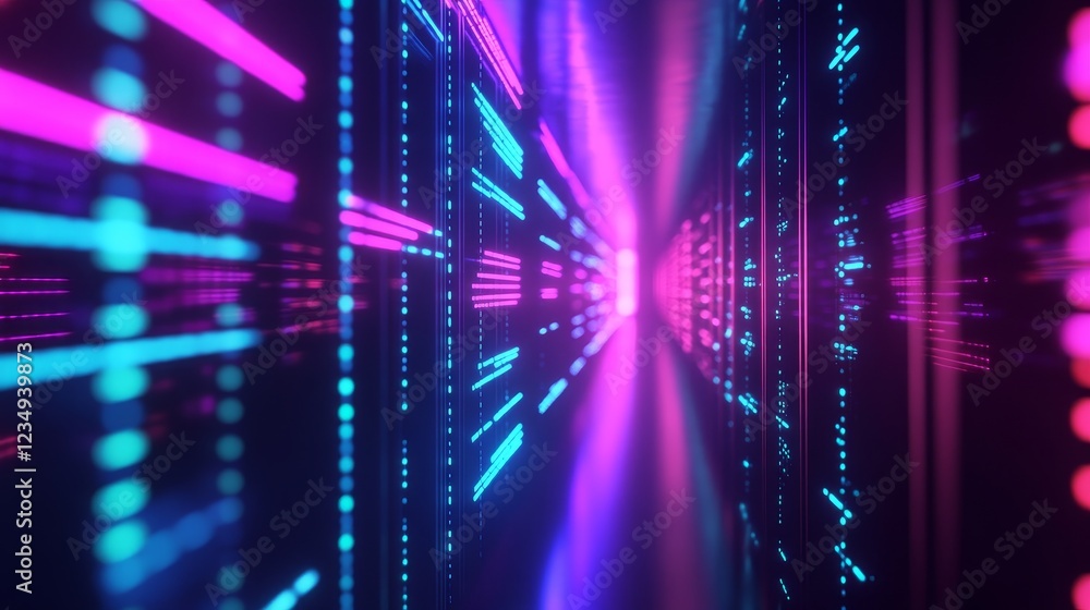 Obraz premium Futuristic digital corridor illuminated by vibrant blue and pink lights, showcasing technology and innovation