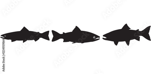 Salmon Fish silhouette in line art style. Fish vector by hand drawing, Fish tattoo on white background, Fish Vector Illustration.