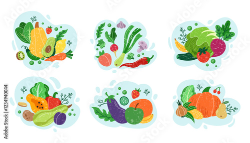 Food healthy. Vegetables composition cartoon, ingredients for salad. Green leaf, tomato, organic avocado, pumpkin, carrot. Veggie set of graphic agriculture. Vector tidy healthy garden illustration