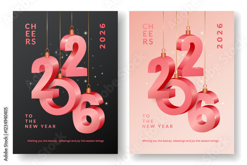 Happy New Year 2026 design of beautiful sparkling pink 3D numbers on black and light background. Set of trendy modern holiday banner, poster or greeting card template.