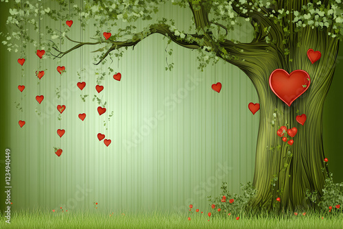 A romantic Valentine's Day background featuring a heart-shaped tree with lush green grass beneath it. The vibrant colors and natural setting create a perfect scene for celebrating love. photo