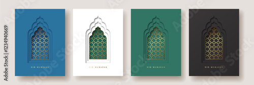 Oriental Islamic windows or arches set for Ramadan Kareem and Eid Mubarak. Design template with cut out paper effect for banner, card, web, poster in blue, green, black, white and gold colors