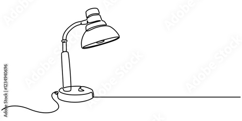 Continuous one line drawing. Lamp on the table. Vector illustration. One continuous drawn line art doodle linear, A simple line drawing of a desk lamp. It shows the lamp's shape and features pro line.