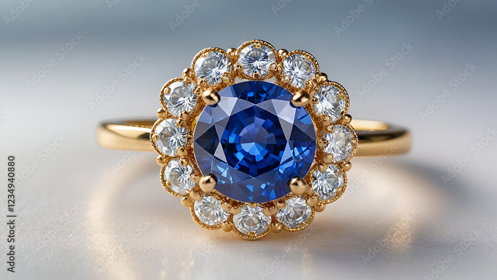 Sapphire and Diamond Ring: Floral Gold Setting Sapphire and Diamond Ring: Floral Gold Setting