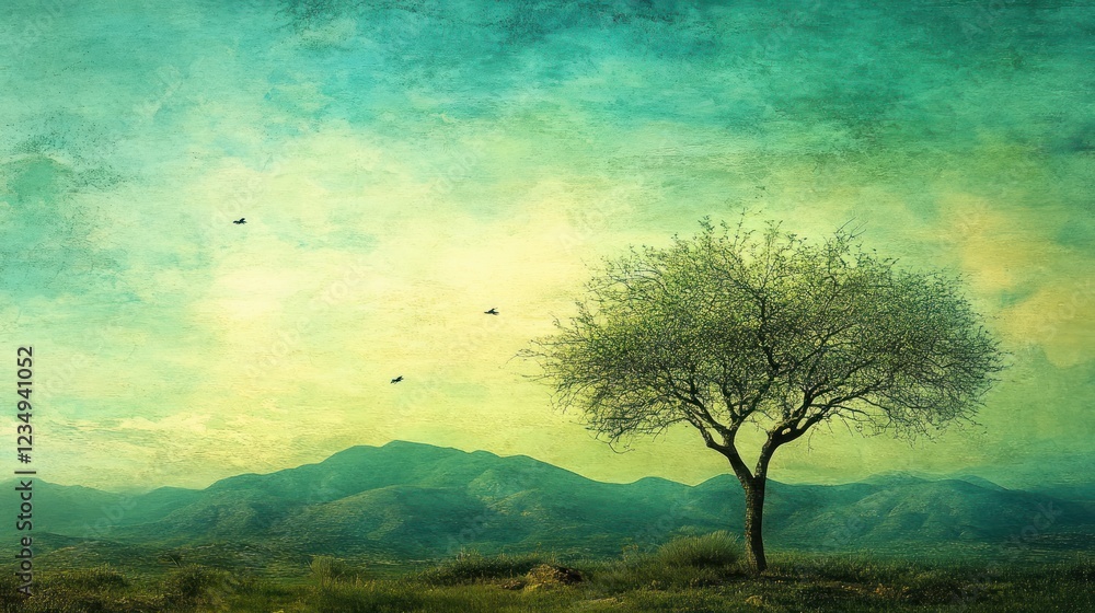 Solitary tree, tranquil landscape, birds flying, mountains, serene nature Solitary tree, tranquil landscape, birds flying, mountains, serene nature