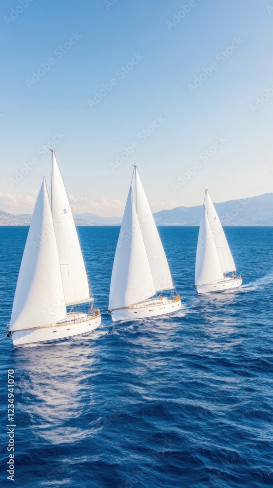 Fototapeta premium A serene regatta of three sailing ships with white sails gliding over a tranquil blue sea under a clear sky.