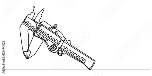 vernier continuous one line drawing on a white background, A simple line drawing of a Vernier Caliper, Different engineering drawings and vernier caliper on gray textured table, top view. Space pro. 