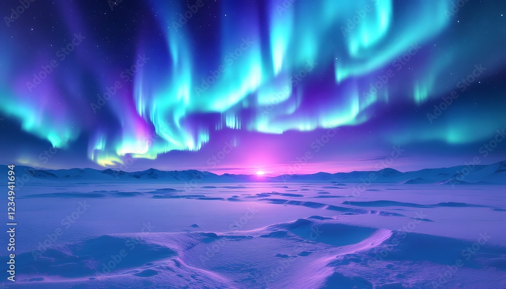 Naklejka premium Stunning Aurora Borealis Over Snowy Landscape at Sunset