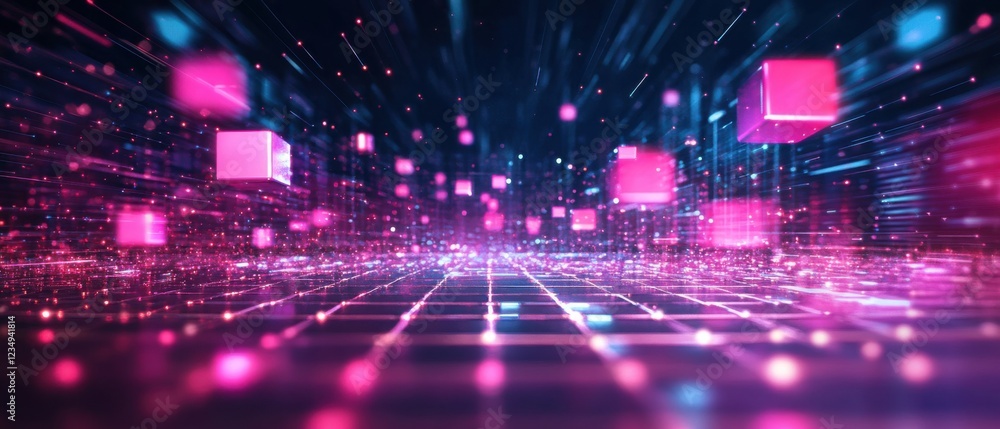 Abstract futuristic 3D rendering of pink cubes floating in a digital space with glowing particles and grid lines, concept of technology, data, and virtual reality Abstract futuristic 3D rendering of pink cubes floating in a digital space with glowing particles and grid lines, concept of technology, data, and virtual reality