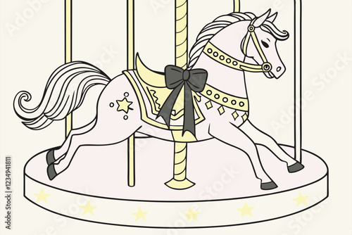 Digital drawing of a carousel horse, white with gold accents, standing on a circular platform with a golden pole in the center. The horse has a flowing mane and tail with gold highlights, and is adorn
