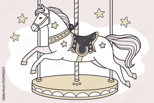 Digital drawing of a carousel horse, white with gold accents, standing on a circular platform with a golden pole in the center. The horse has a flowing mane and tail with gold highlights, and is adorn